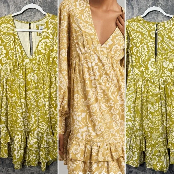 Anthropologie long sleeve v neck cotton dress olive tones green dress yellow - Picture 6 of 16